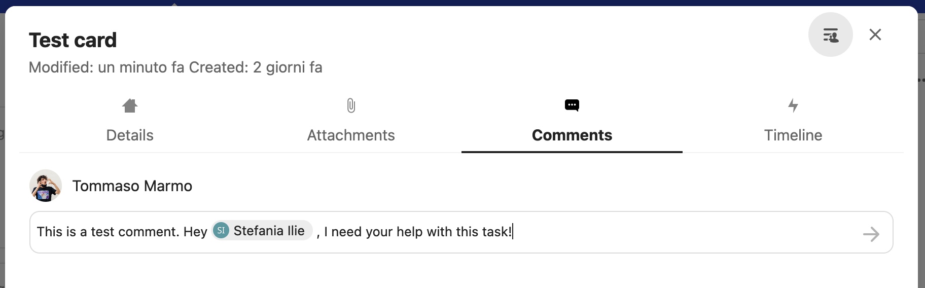 La sezione dei commenti di una card appare così